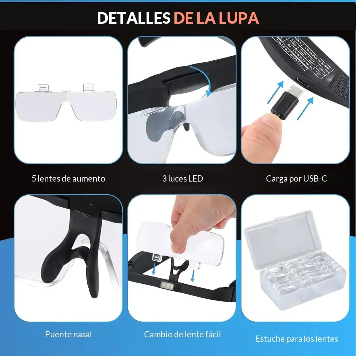 Detalles: lentes, luz LED, carga y estuche
