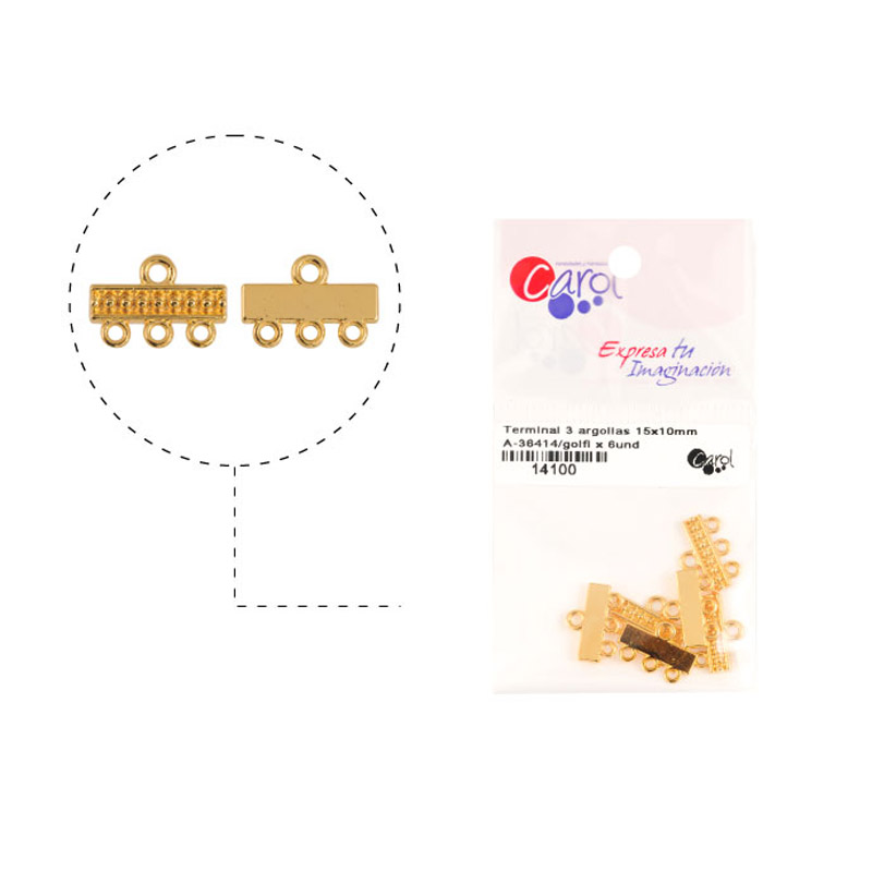 Terminal 3 argollas 15x10mm A-36414/rodio x 6und