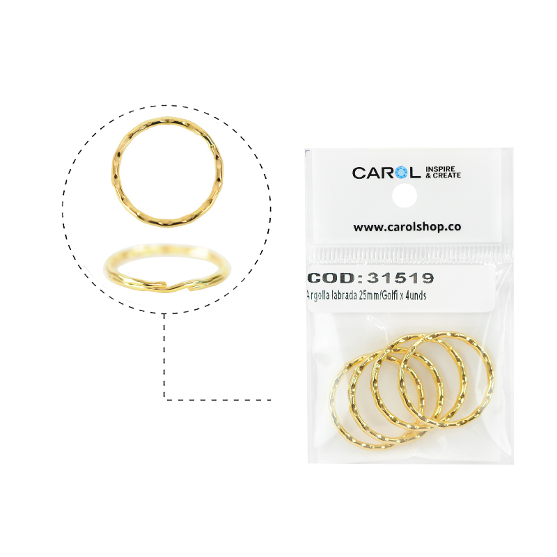 Argolla labrada 25mm/rodio x 4unds