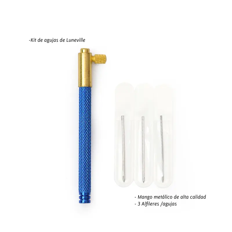 Kit de Agujas bordado luneville 0.8mm, 1mm y 1.2mm (mango azul)