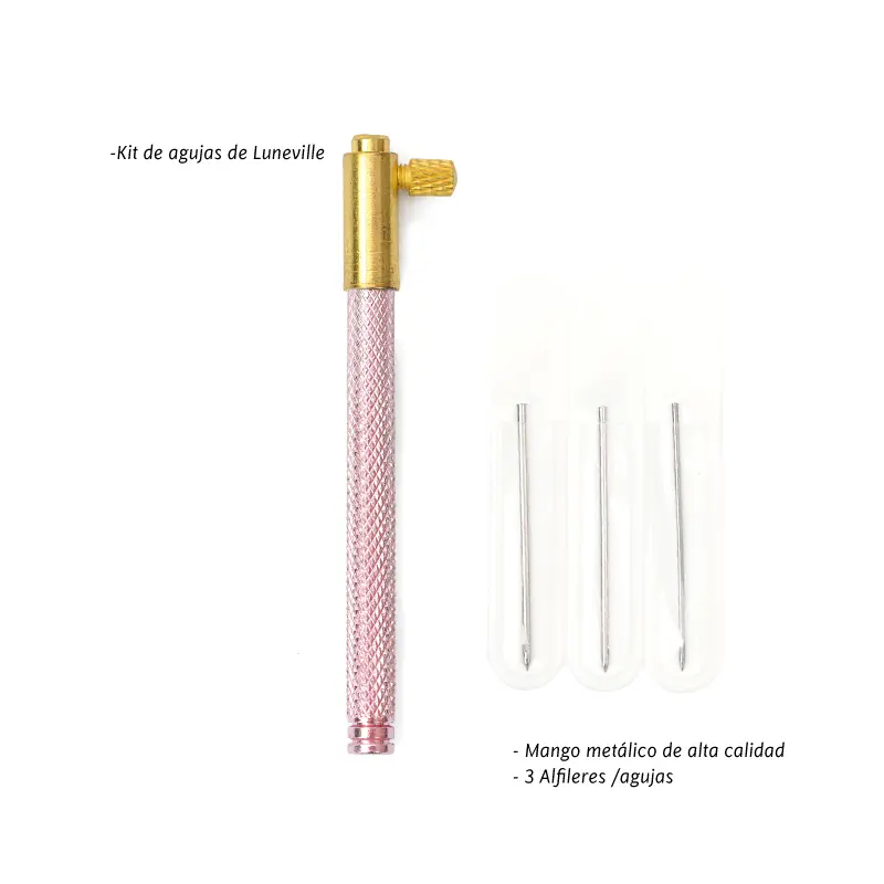 Kit de Agujas bordado luneville 0.8mm, 1mm y 1.2mm (mango rosado