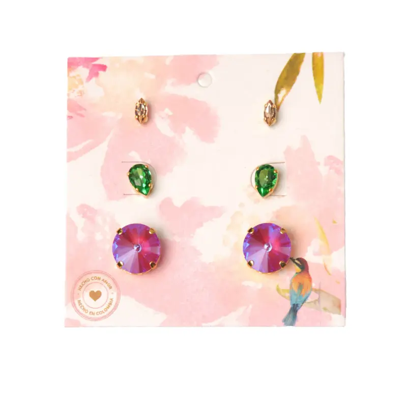 Set 3 pares de aretes navette + gota + rivoli