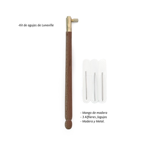 [01252] Kit de Agujas bordado luneville 0.8mm, 1mm y 1.2mm (mango cafe)
