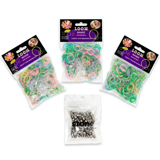 Combo Pulseras Loom Bandz (3 Paquetes + 100 acrílicos tambor)