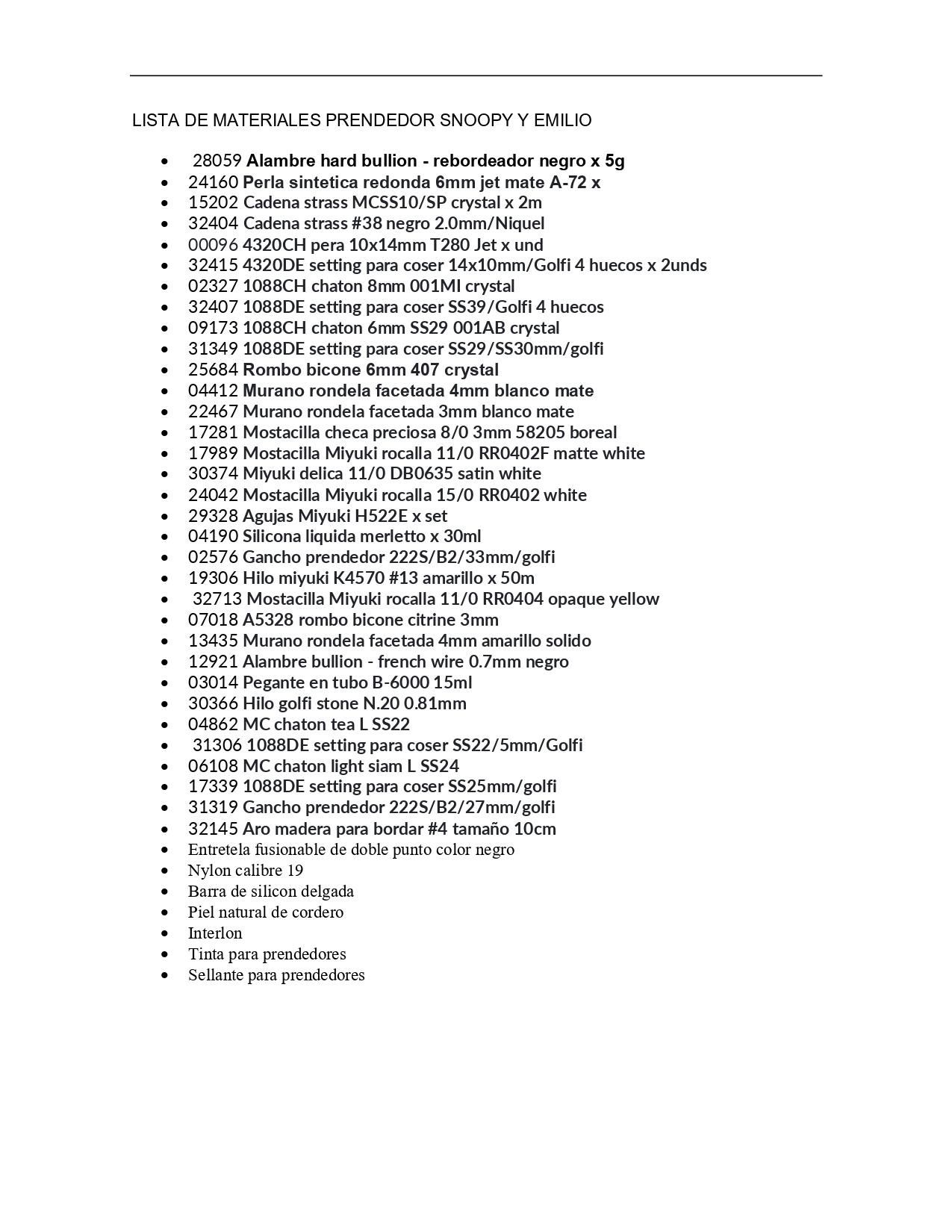 LISTA DE MATERIALES SNOOPY Y EMILIO